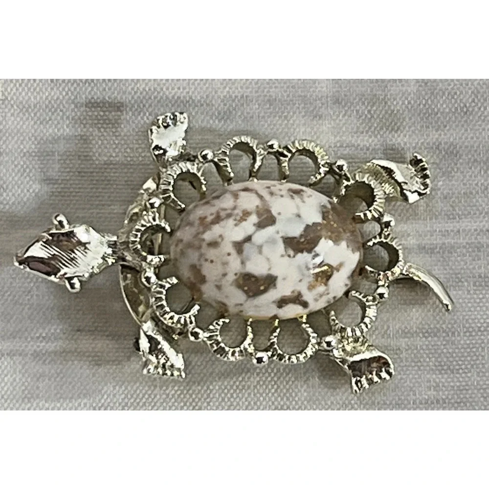 Vintage Gerrys Turtle Art Glass Cabochon Brooch Pin Marble Brown Gold 2.25